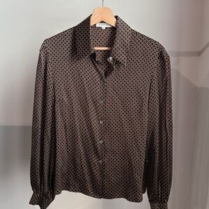 Vintage Celine Silk Tan Brown Patterned Button Down Shirt, Size 42 , US 10